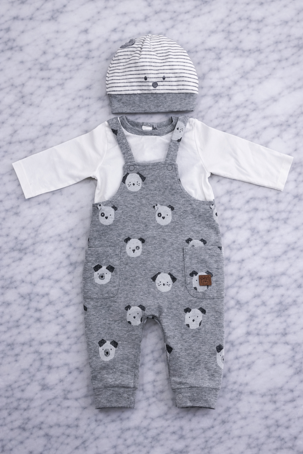 Indigo Baby Dungaree Set with Long Sleeve Top & Hat – Puppy Print Outfit