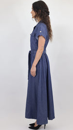 Women’s Denim Maxi Shirt Dress with Belt – Blue