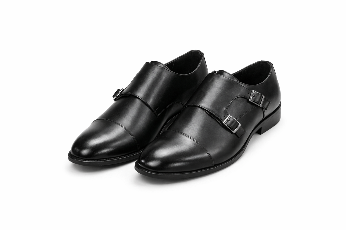 Men’s Black Leather Double Monk Strap Shoes – Classic Formal Style