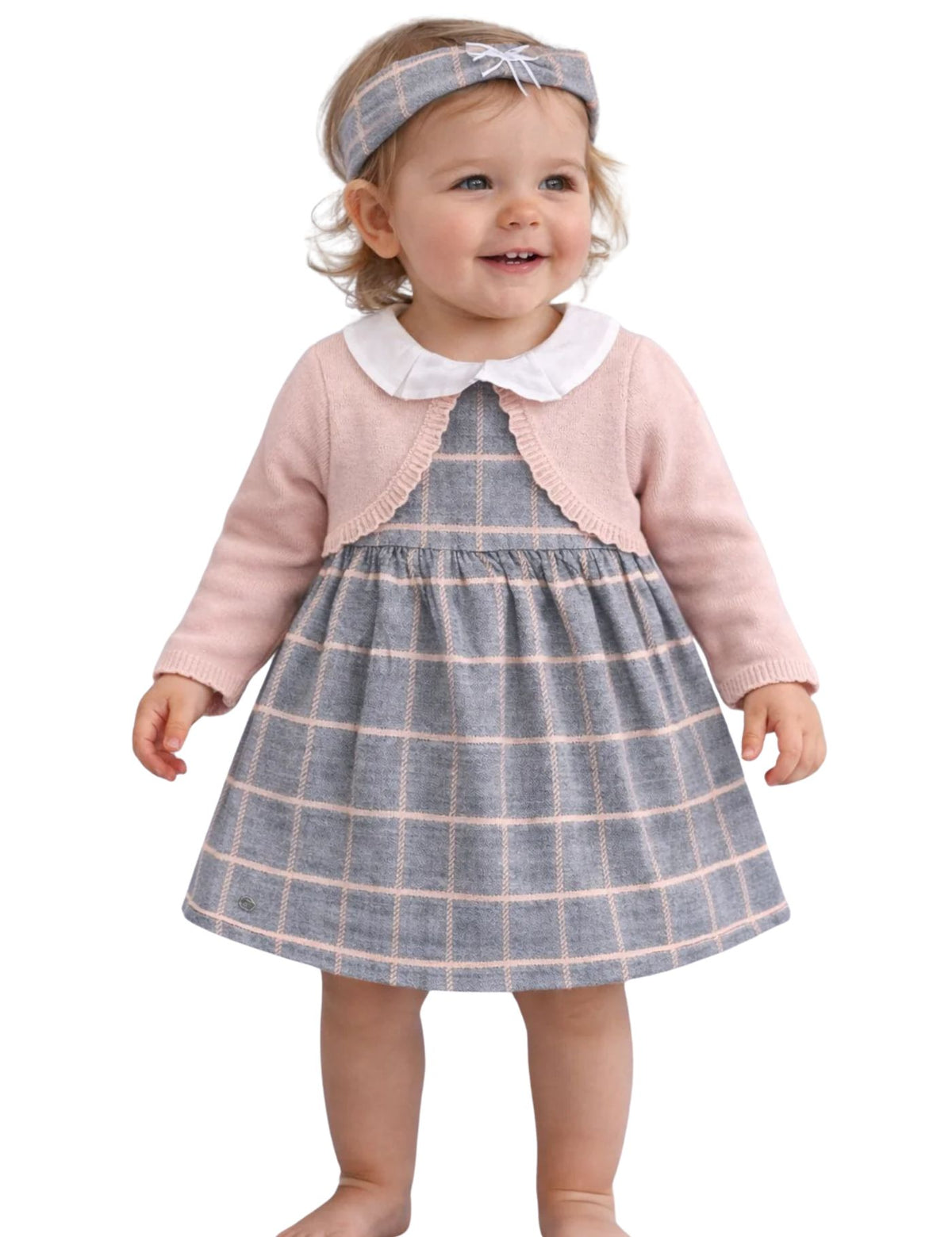 Indigo Girls Checked Dress with Knit Cardigan & Headband