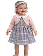 Indigo Girls Checked Dress with Knit Cardigan & Headband