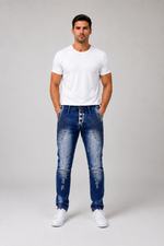 Men’s Fashion Denim Jeans – Button Fly, Washed Blue.(FFFF)