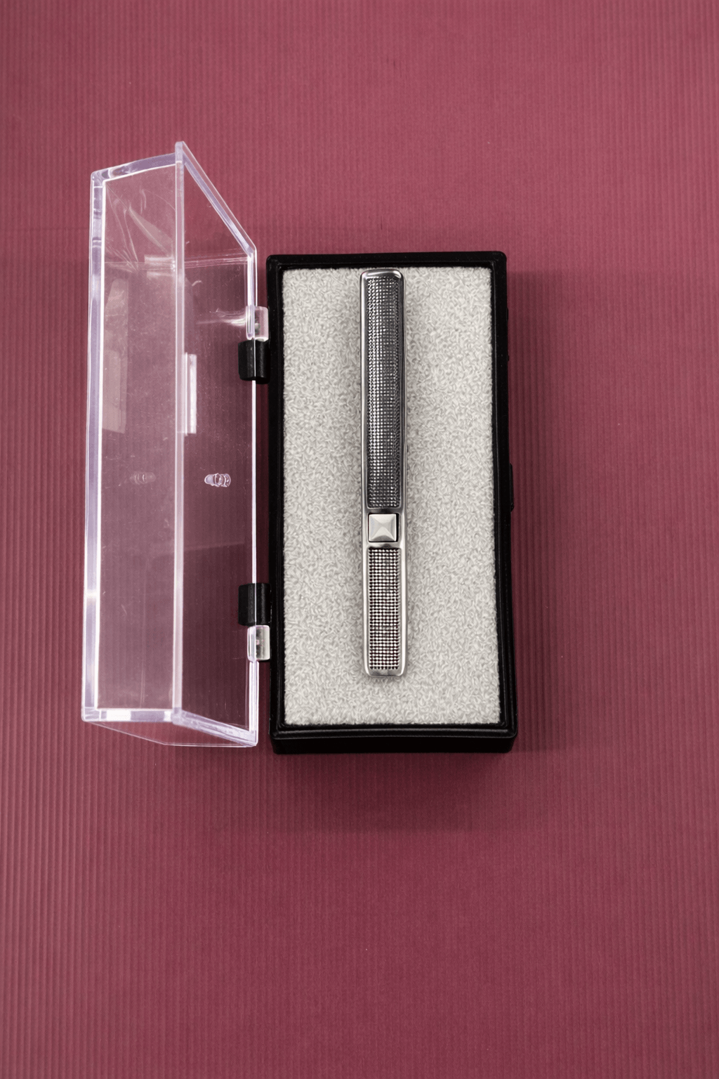 Silver Textured Tie Clip with Center Pyramid Detail