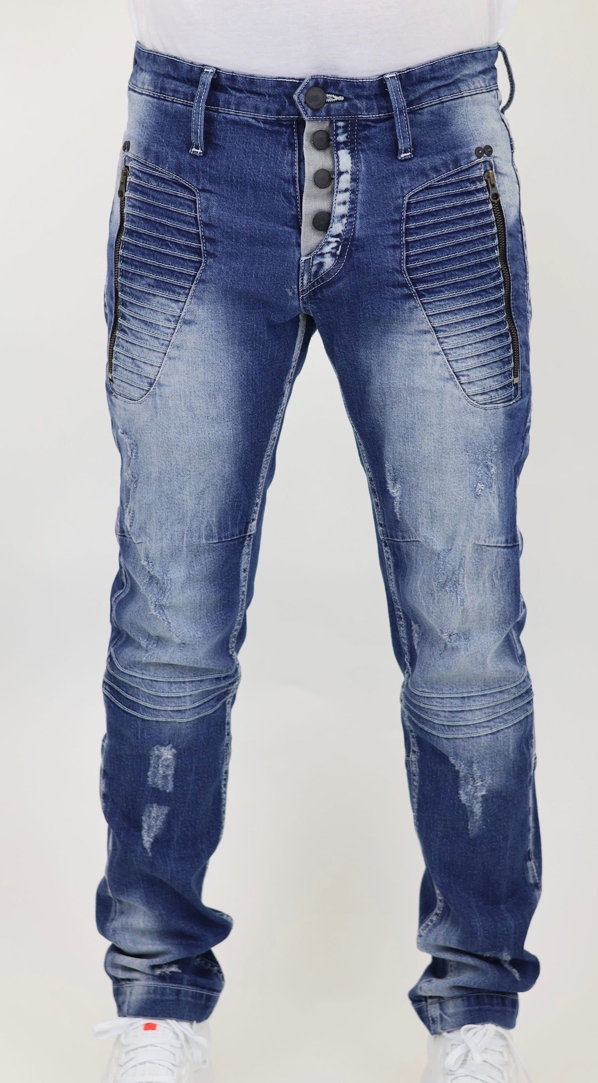 Men’s Fashion Denim Jeans – Button Fly, Washed Blue