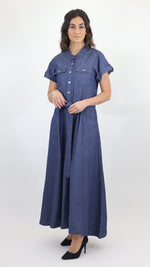 Women’s Denim Maxi Shirt Dress with Belt – Blue