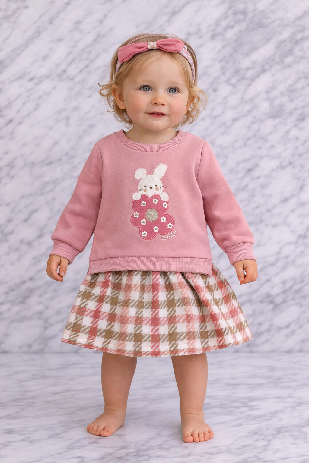Indigo Girls 3-Piece Outfit Set – Floral Bodysuit, Check Skirt Pants & Headband