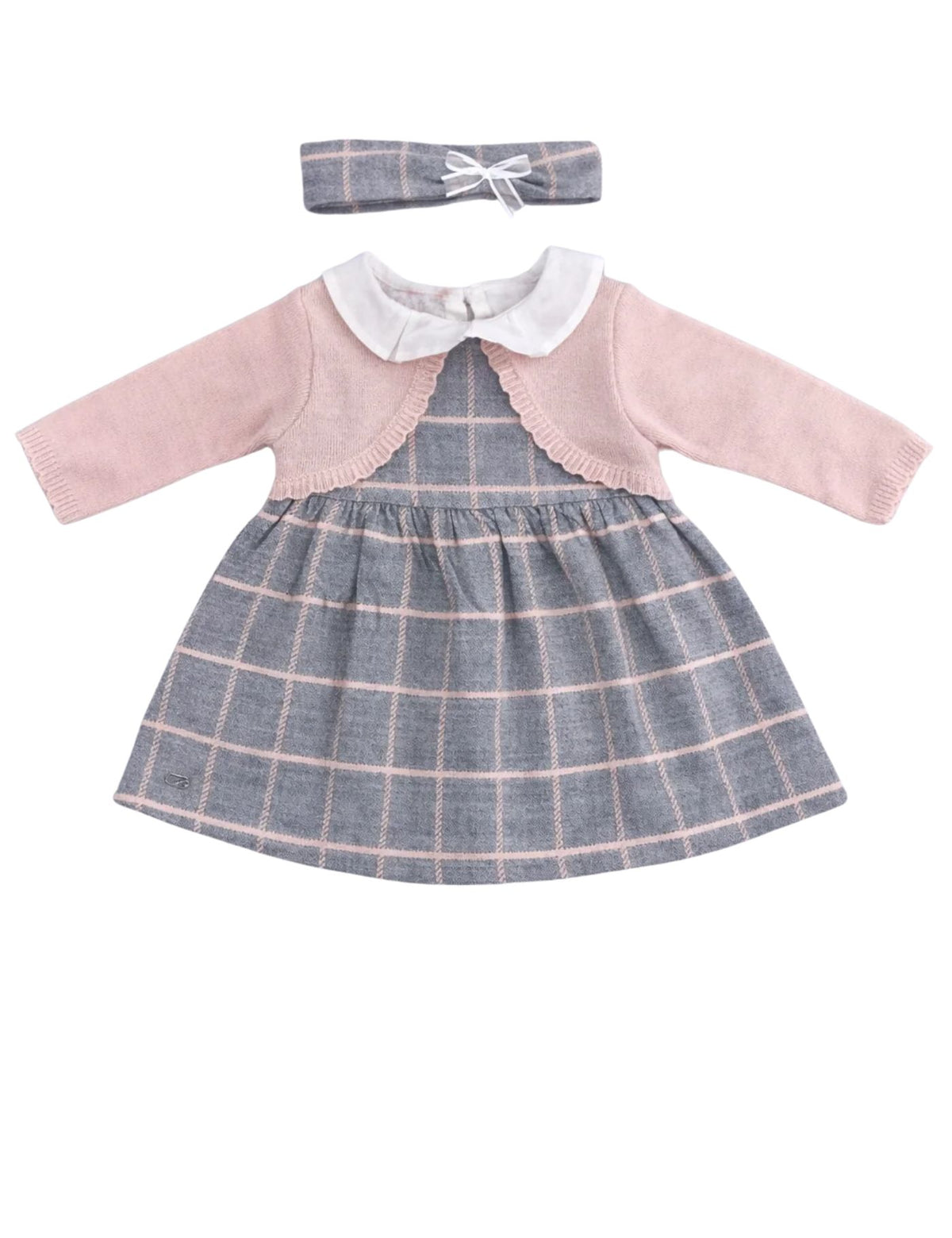 Indigo Girls Checked Dress with Knit Cardigan & Headband