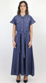 Women’s Denim Maxi Shirt Dress with Belt – Blue