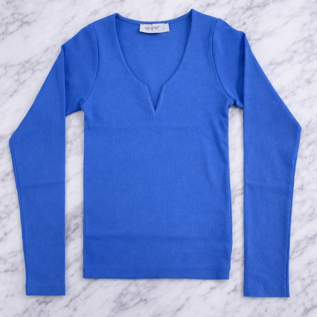 QU Style Women’s V-Neck Ribbed Knit Blouse – Long Sleeve
