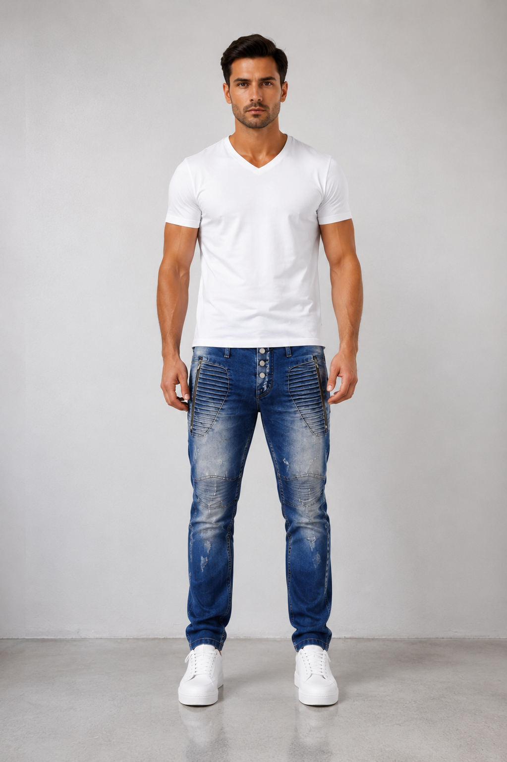 Men’s Fashion Denim Jeans – Button Fly, Washed Blue.(FFFF)
