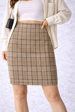 Elegant Beige Check Pencil Mini Skirt