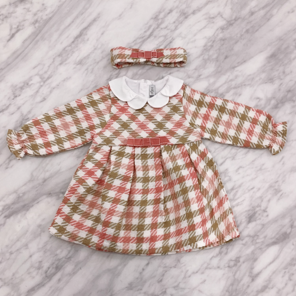 Indigo Girls Long Sleeve Check Dress with Matching Headband