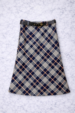 Navy Plaid A-Line Midi Skirt with Belt – Classic Check