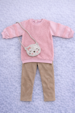 Baby Girls Cozy 2-Piece Outfit – Teddy Sweatshirt & Ribbed Pants with Cute Bag