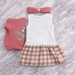 Indigo Girls 3-Piece Outfit Set – Floral Bodysuit, Check Skirt Pants & Headband