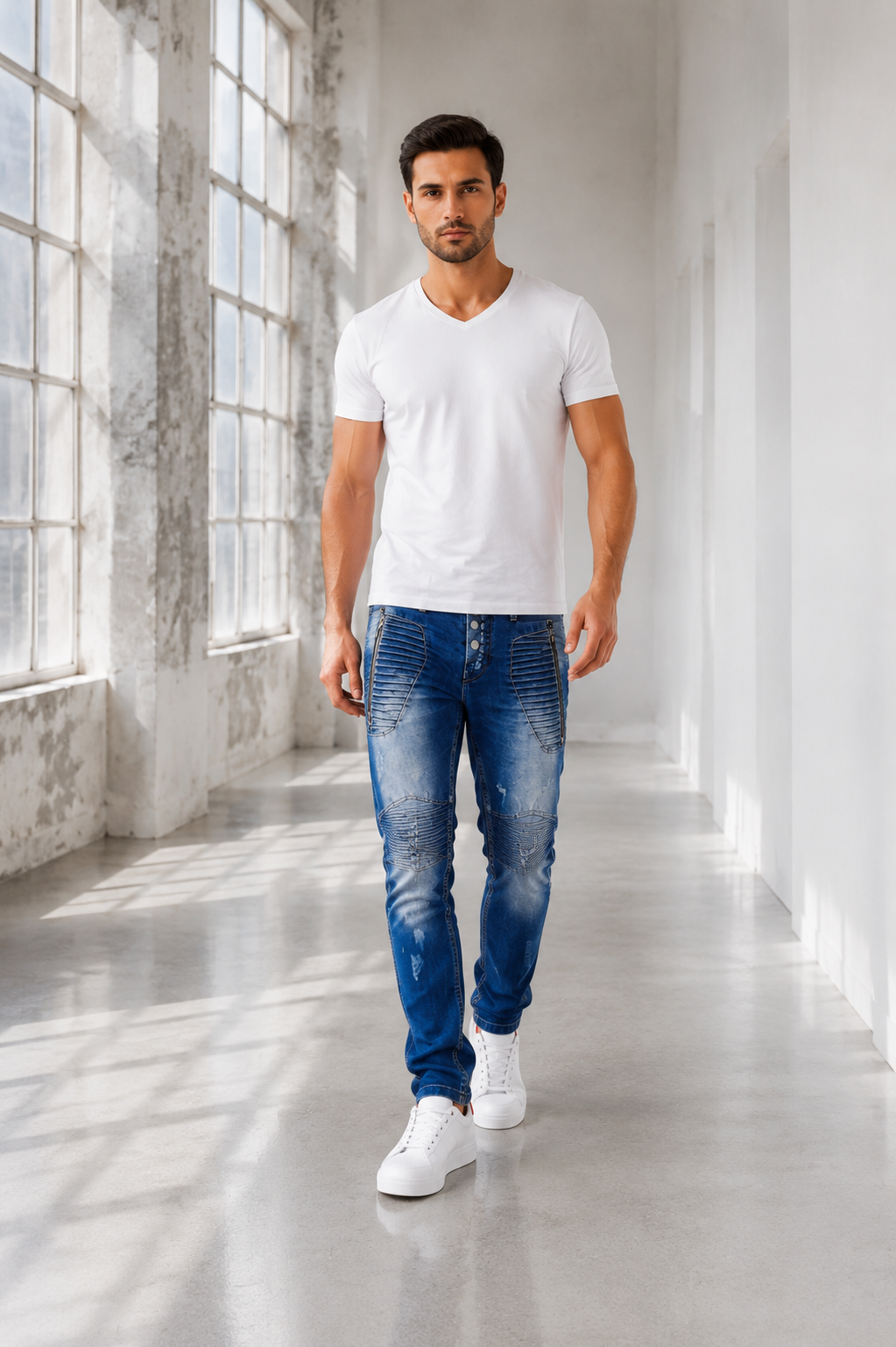 Men’s Fashion Denim Jeans – Button Fly, Washed Blue.(FFFF)