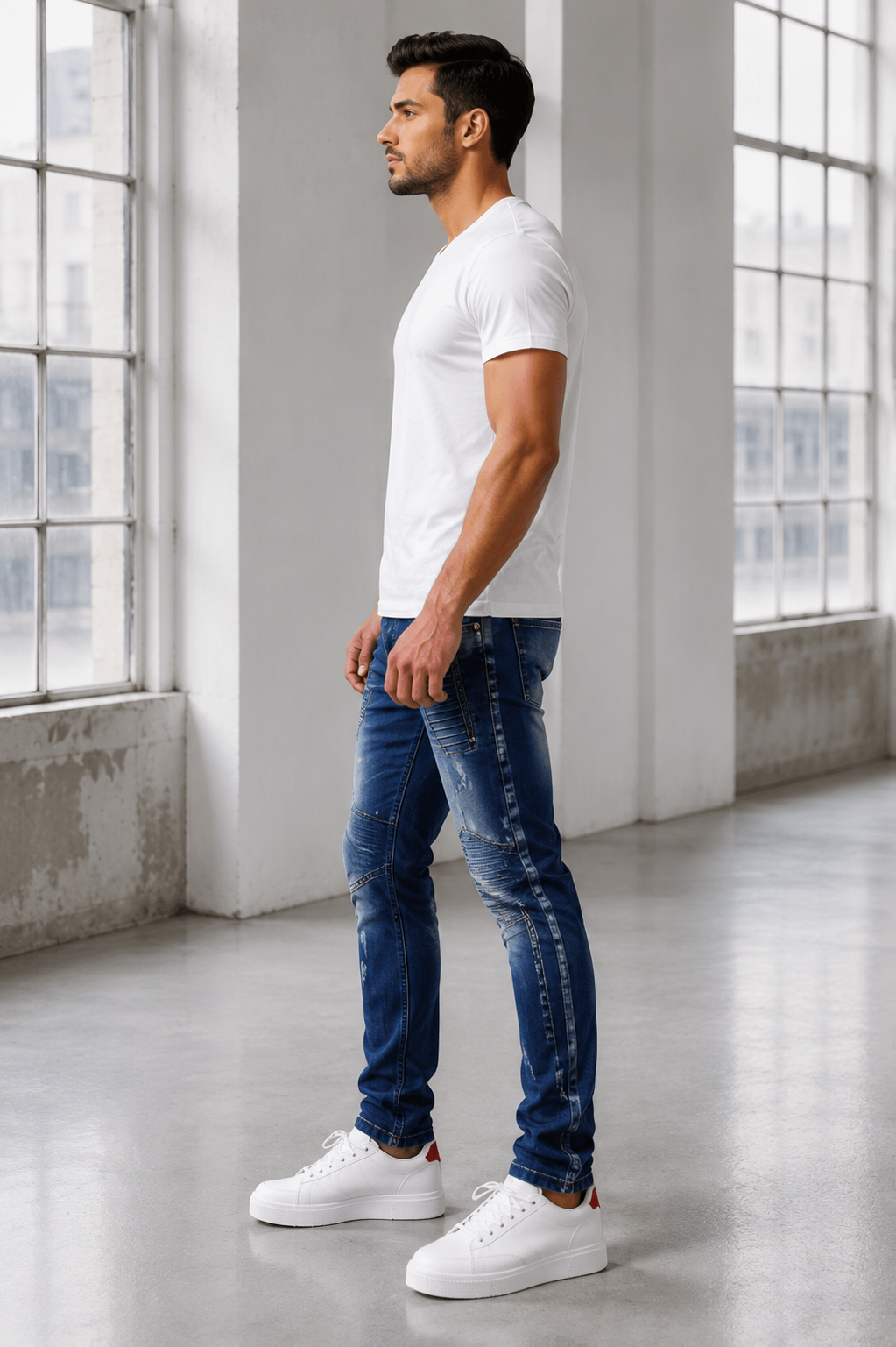 Men’s Fashion Denim Jeans – Button Fly, Washed Blue.(FFFF)