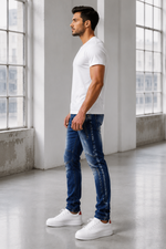 Men’s Fashion Denim Jeans – Button Fly, Washed Blue.(FFFF)