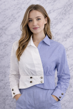 QU Style Women’s Two-Tone Cropped Button-Up Blouse
