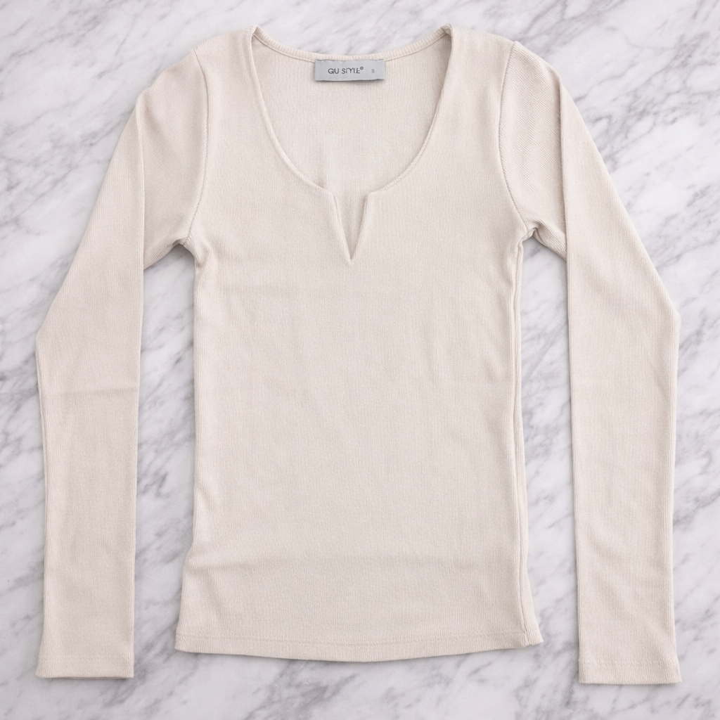 QU Style Women’s V-Neck Ribbed Knit Blouse – Long Sleeve