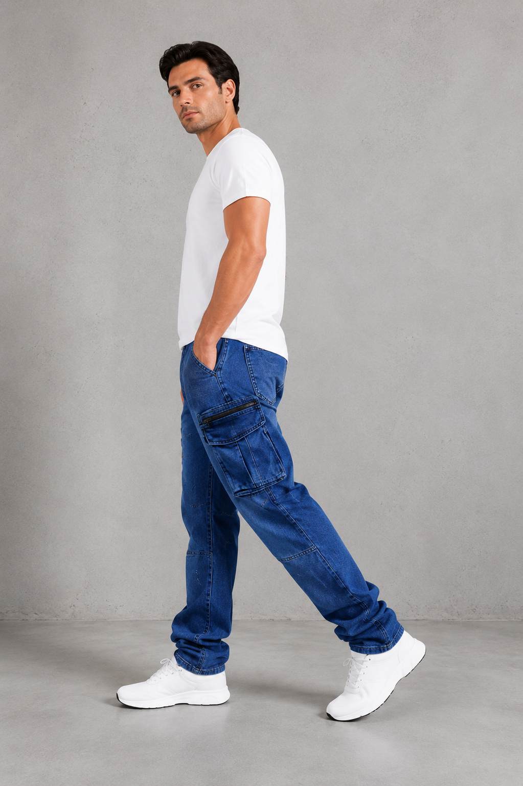 Men’s Blue Cargo Denim Jeans.(FFFF)