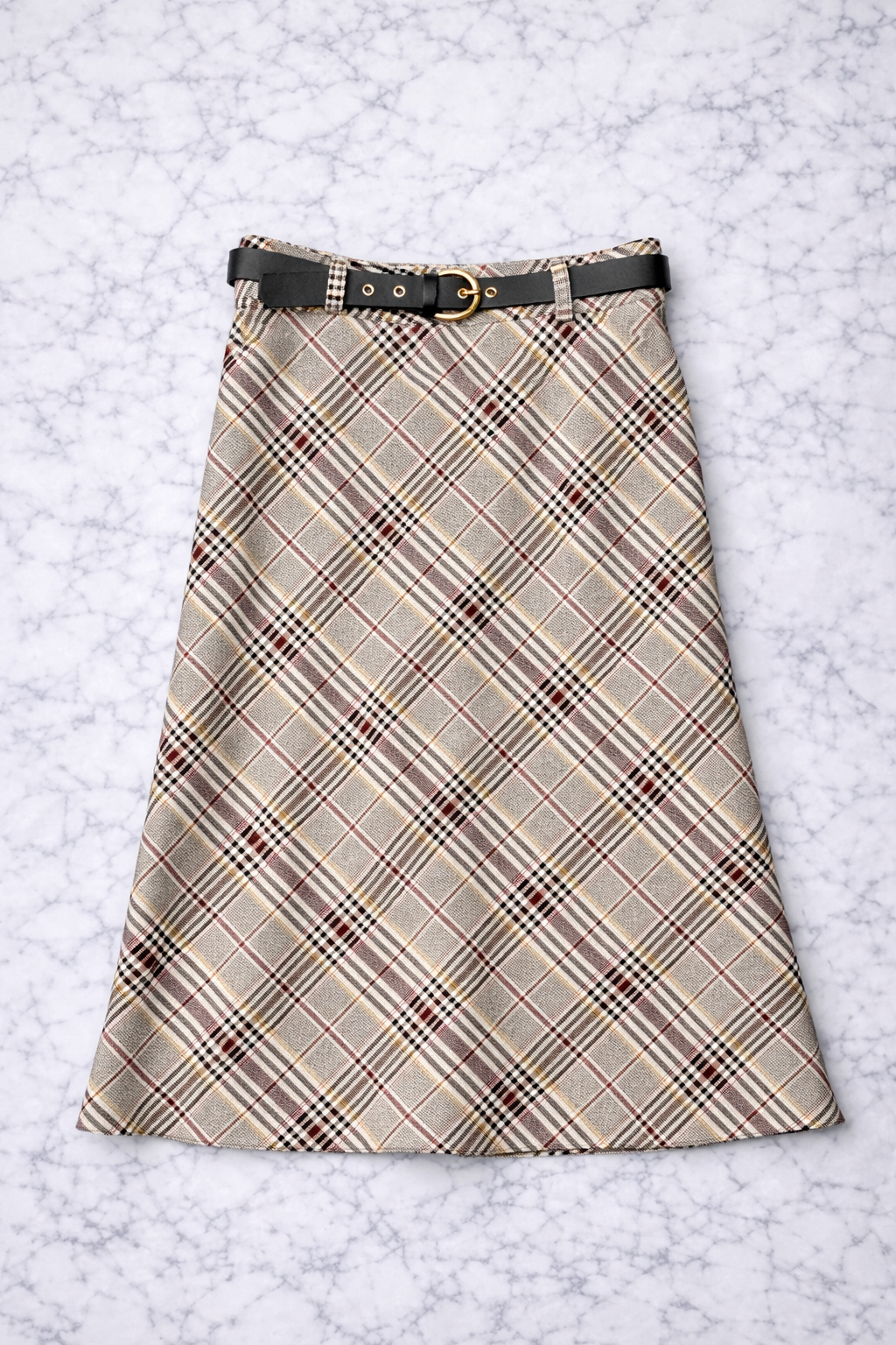 Beige Plaid A-Line Midi Skirt with Belt – Classic Check