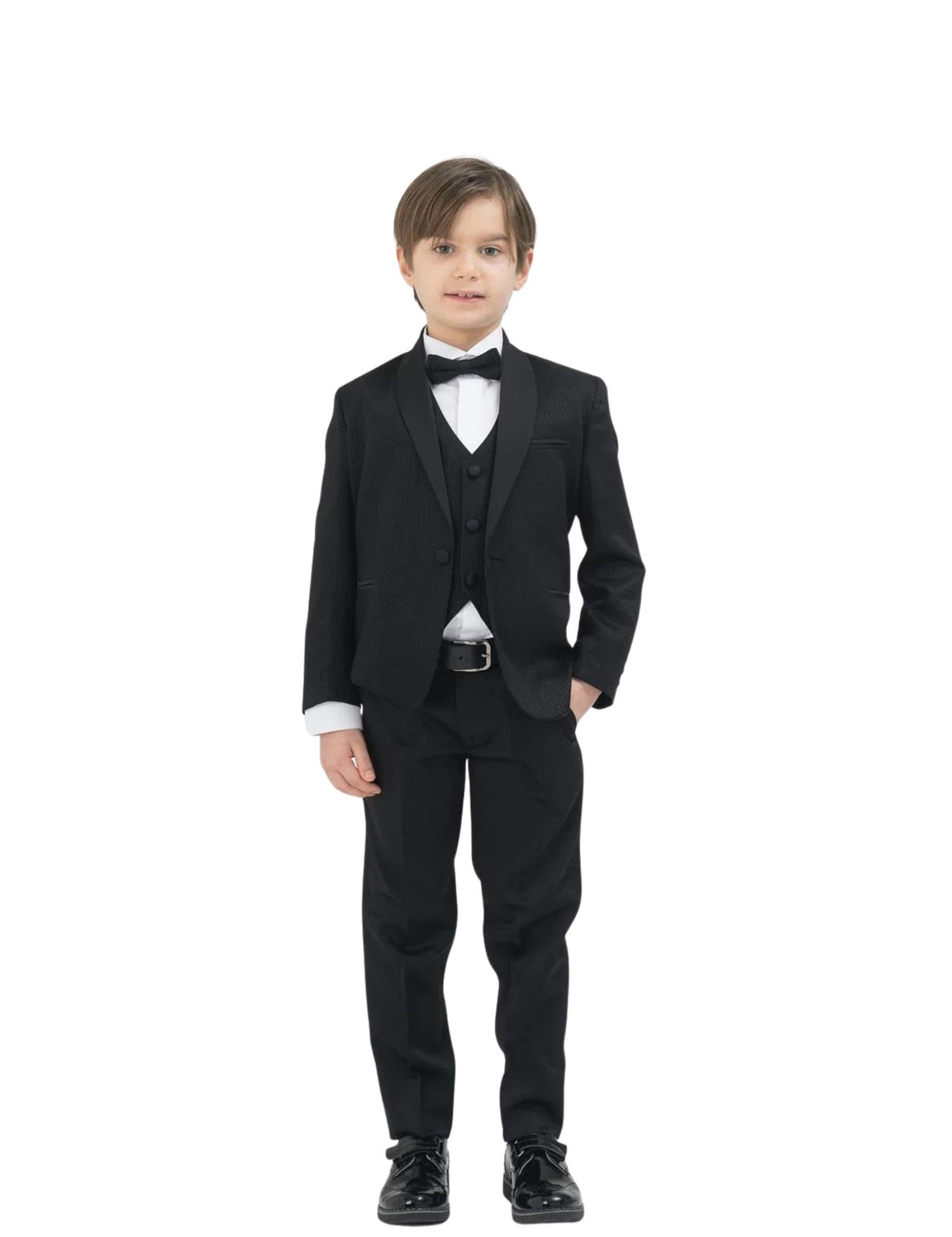 Boys Formal Patterned fabric Suit Set – Jacket, Pants, Vest and Bow tie.