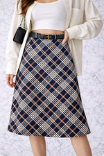 Navy Plaid A-Line Midi Skirt with Belt – Classic Check