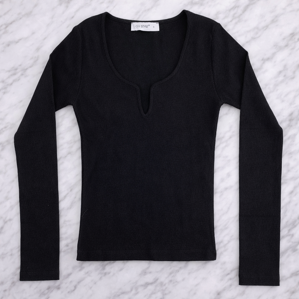 QU Style Women’s V-Neck Ribbed Knit Blouse – Long Sleeve