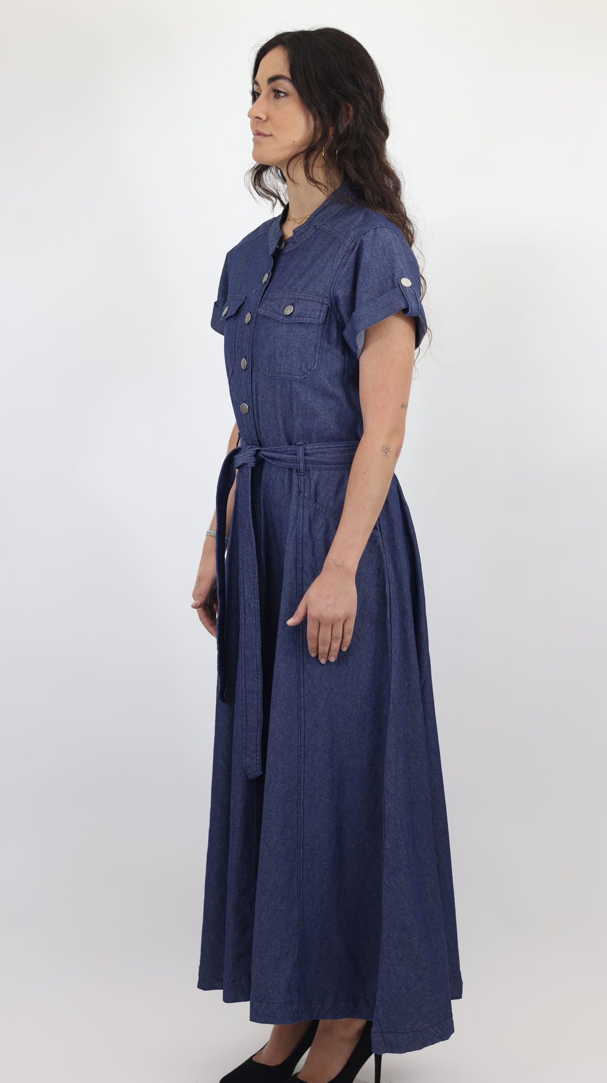 Women’s Denim Maxi Shirt Dress with Belt – Blue