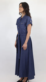 Women’s Denim Maxi Shirt Dress with Belt – Blue