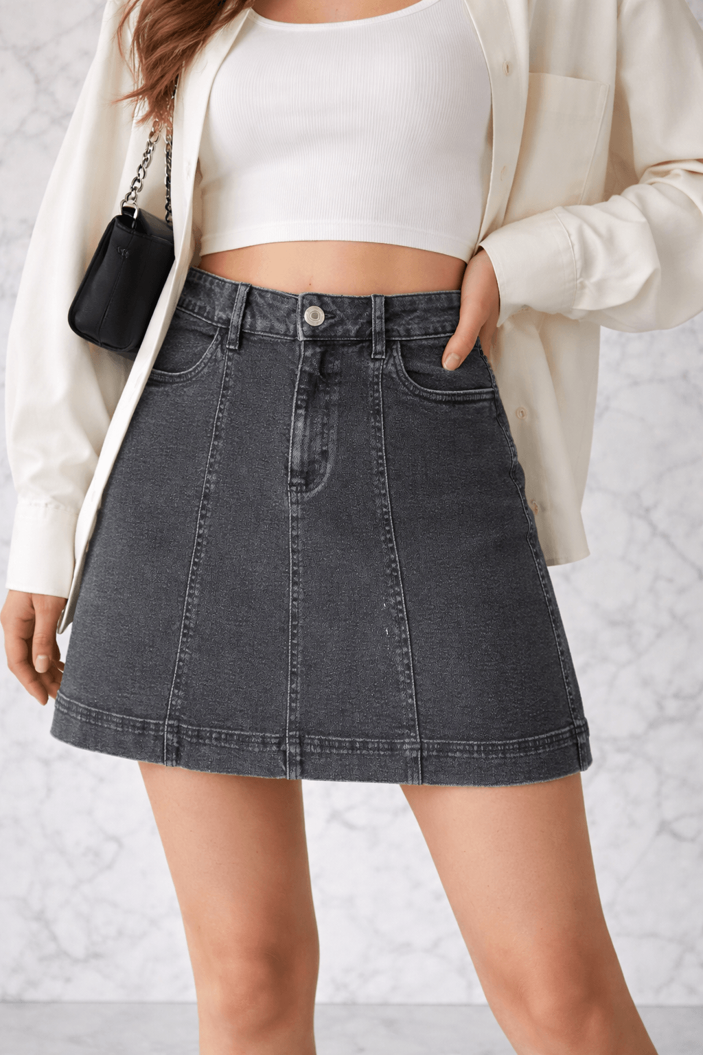 High-Waisted A-Line Denim Mini Skirt