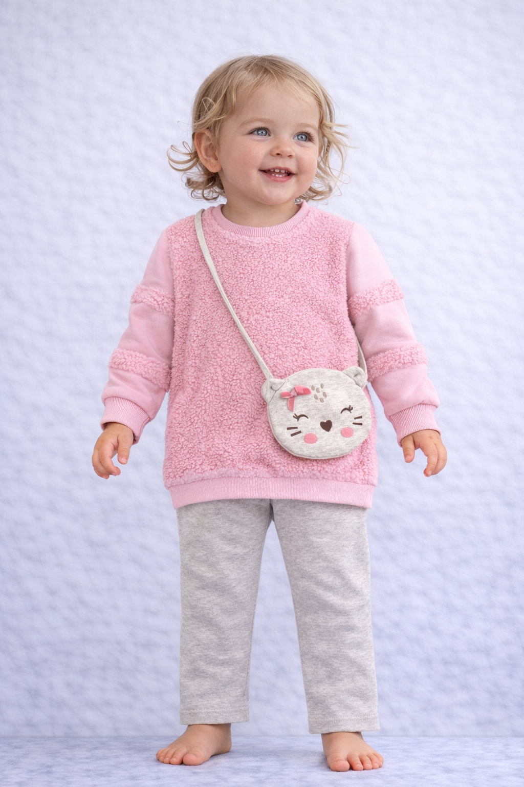 Baby Girl Cozy 2-Piece Outfit – Teddy Sweatshirt & Ribbed Pants with Cute Bag