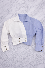 QU Style Women’s Two-Tone Cropped Button-Up Blouse