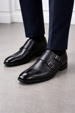 Men’s Black Leather Double Monk Strap Shoes – Classic Formal Style