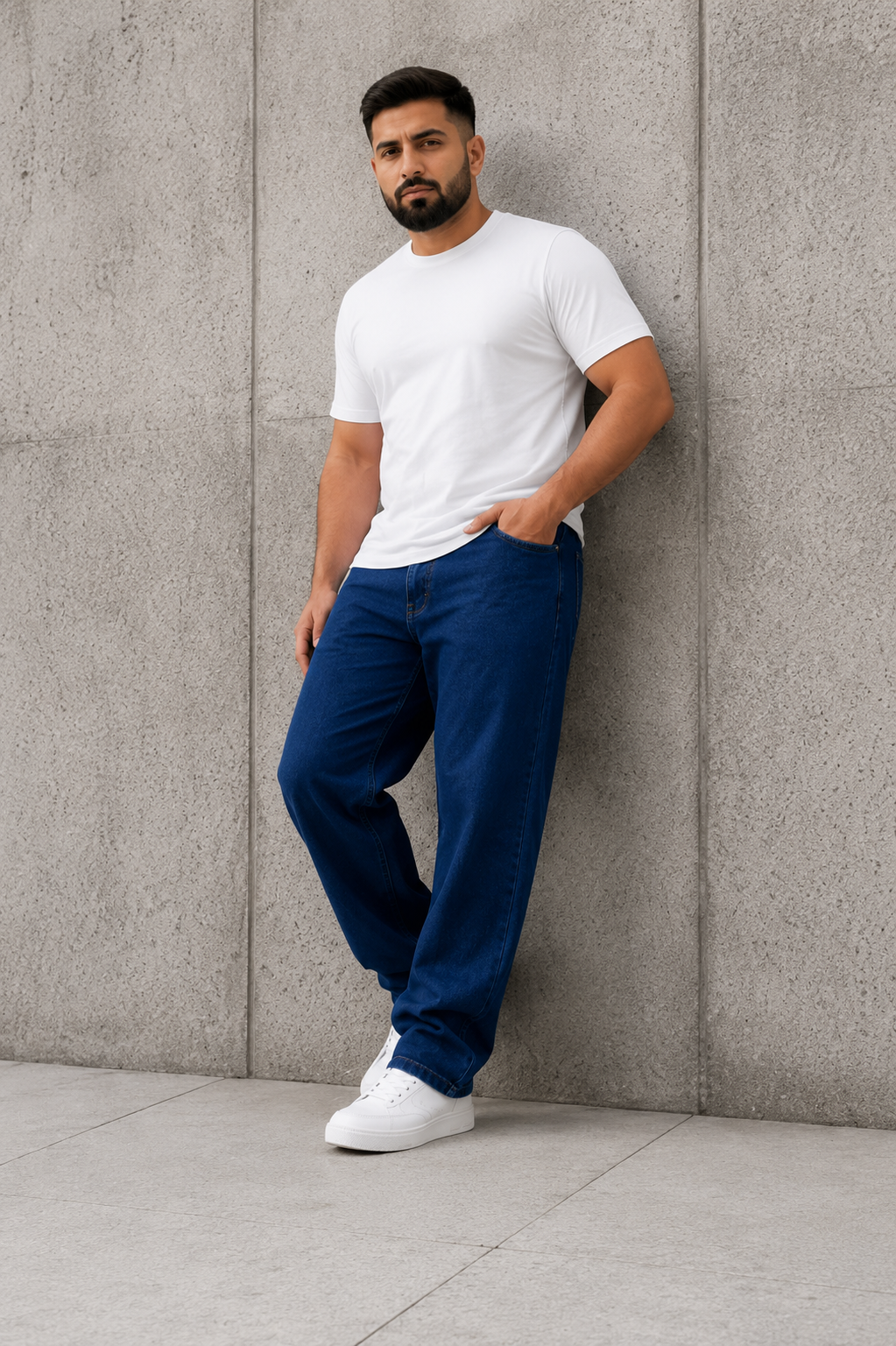 Men’s Fashion Denim Jeans – Indigo Dark Blue Mid Wash.(FFFF)