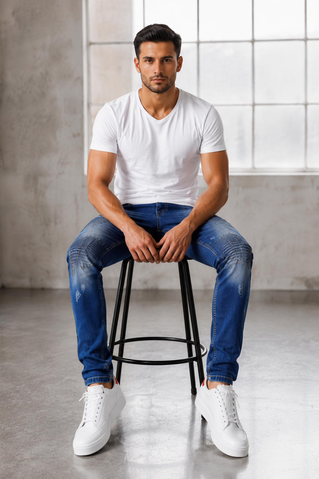 Men’s Fashion Denim Jeans – Button Fly, Washed Blue.(FFFF)