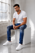 Men’s Fashion Denim Jeans – Button Fly, Washed Blue.(FFFF)