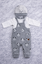 Indigo Baby Dungaree Set with Long Sleeve Top & Hat – Puppy Print Outfit