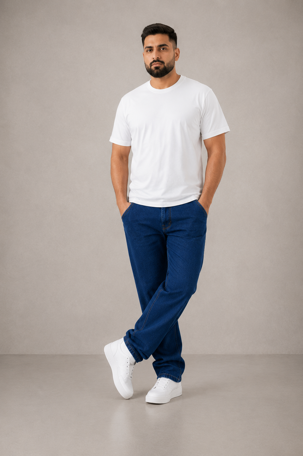 Men’s Fashion Denim Jeans – Indigo Dark Blue Mid Wash.(FFFF)