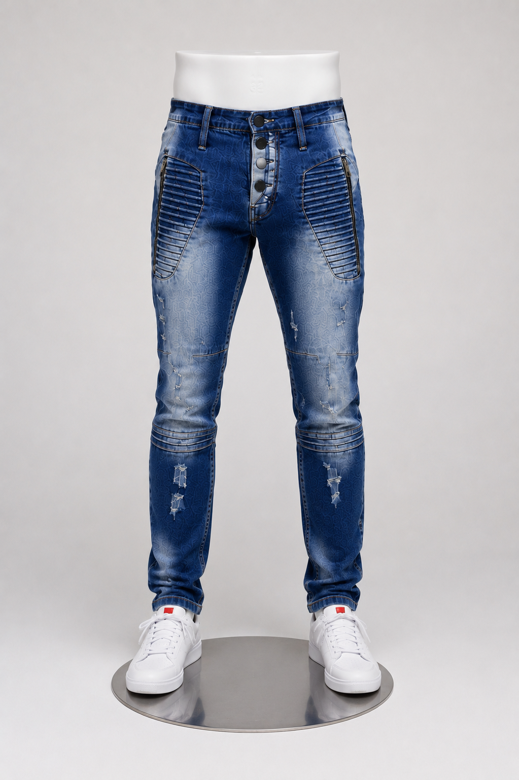 Men’s Fashion Denim Jeans – Button Fly, Washed Blue.(FFFF)