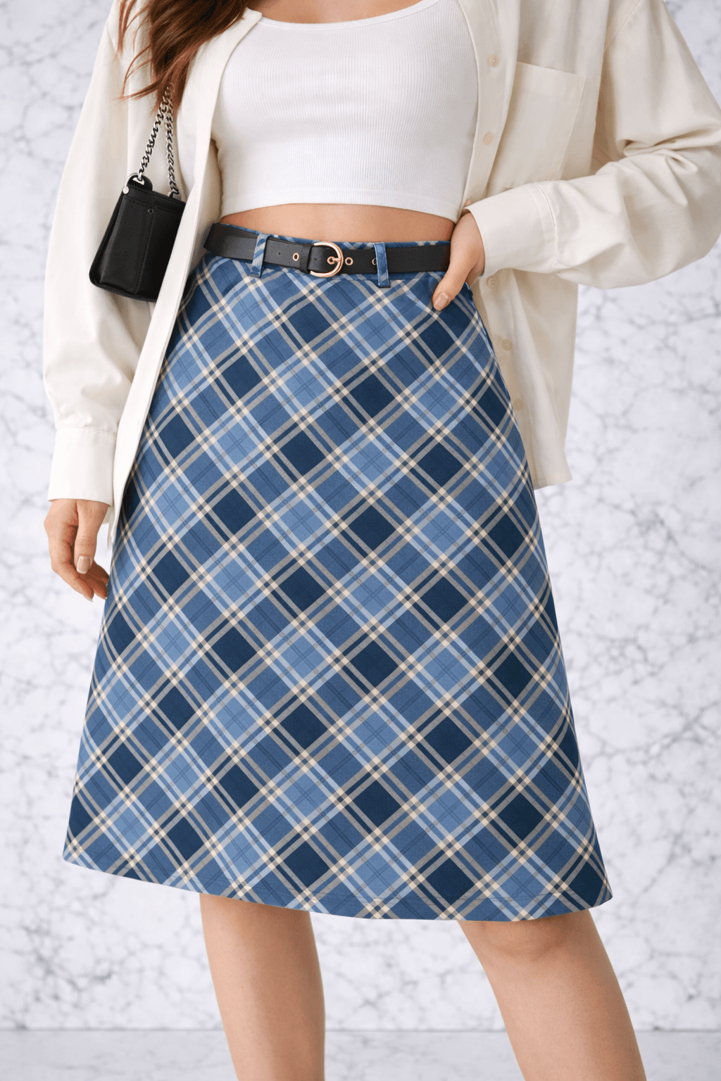 Elegant Blue Tartan A-Line Midi Skirt | High-Waist Fit