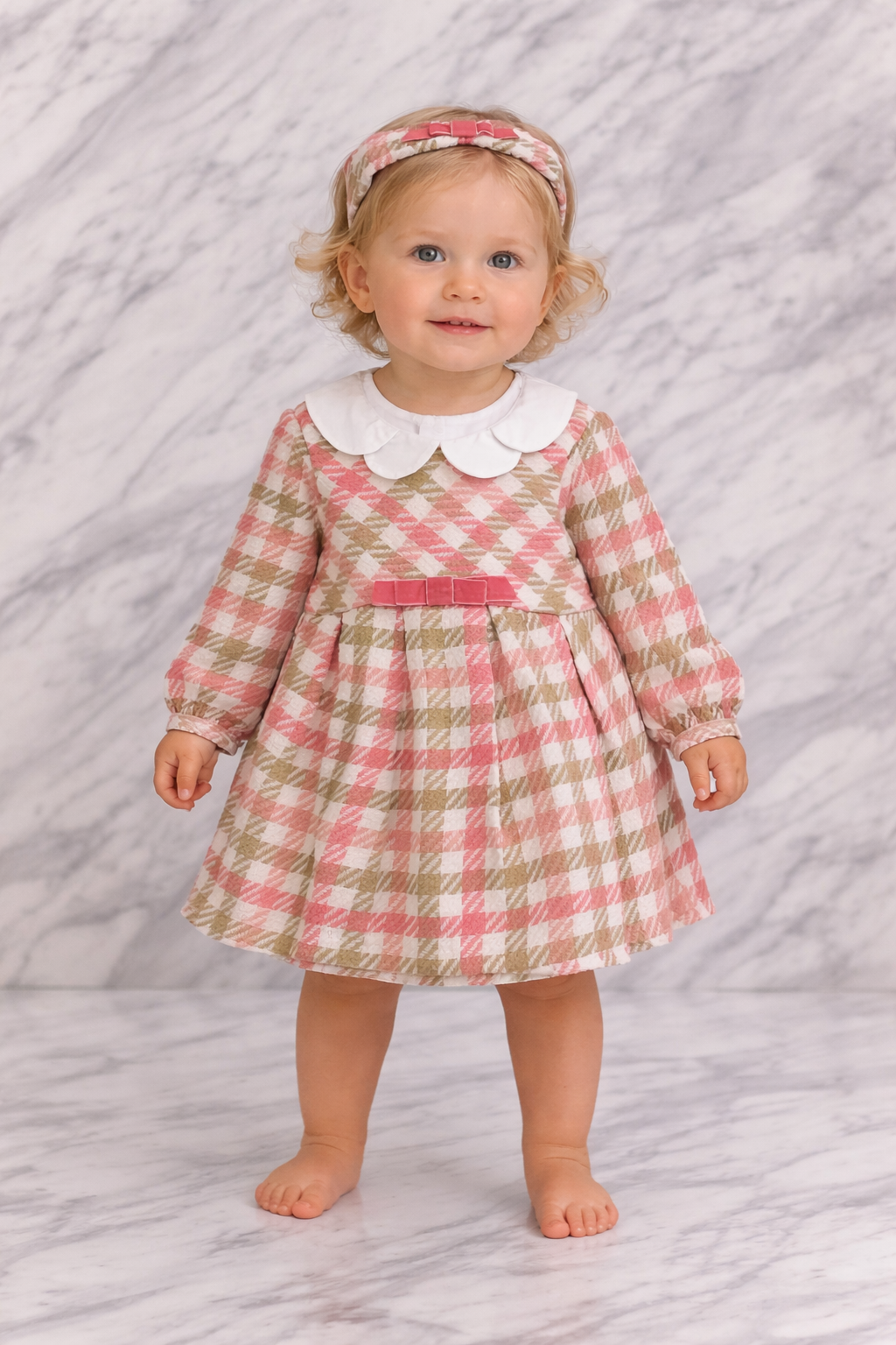 Indigo Girls Long Sleeve Check Dress with Matching Headband