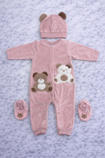 Indigo Girls Pink Velvet Teddy Bear Sleepsuit with Hat