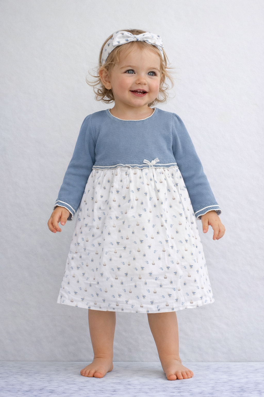 Indigo Girls Knitted Blue Dress with Printed Skirt & Headband