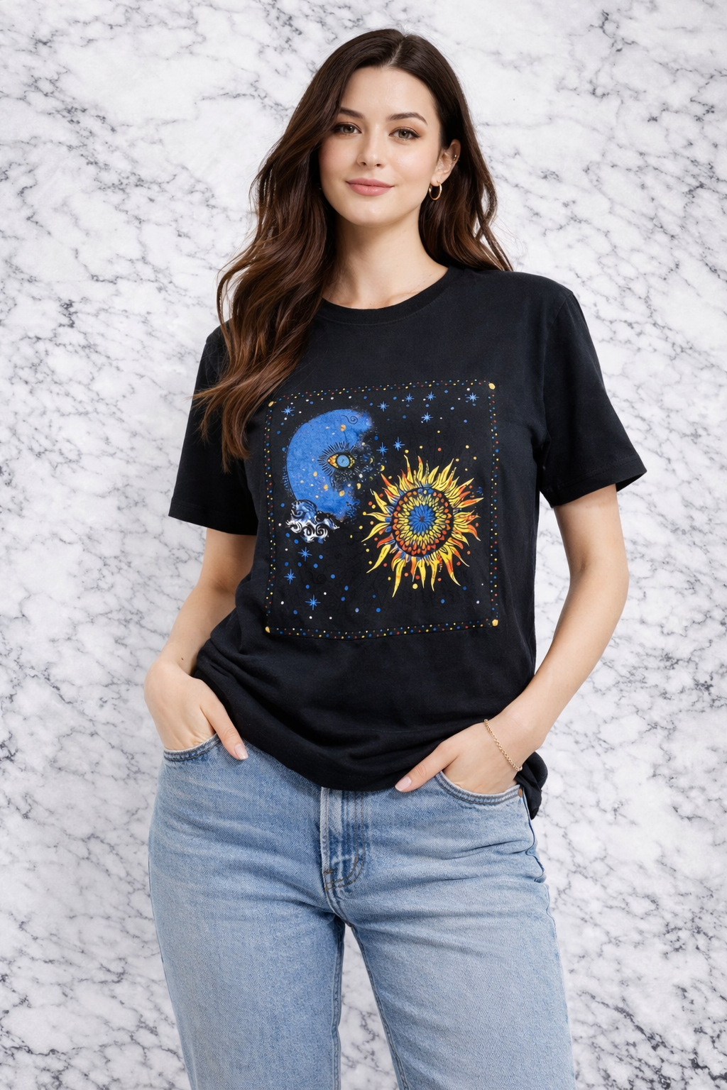 QU Style Women’s Graphic T-Shirt – Sun & Moon