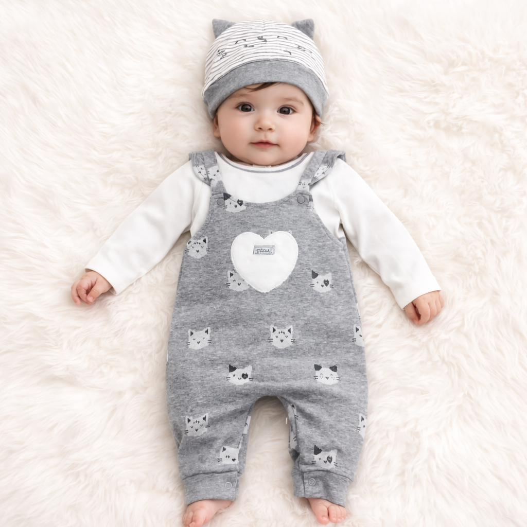 Indigo Baby 3-Piece Outfit Set – Long Sleeve Top, Printed Overalls & Hat