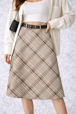 Beige Plaid A-Line Midi Skirt with Belt – Classic Check
