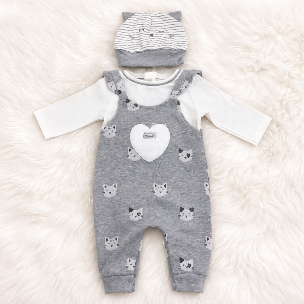 Indigo Baby 3-Piece Outfit Set – Long Sleeve Top, Printed Overalls & Hat