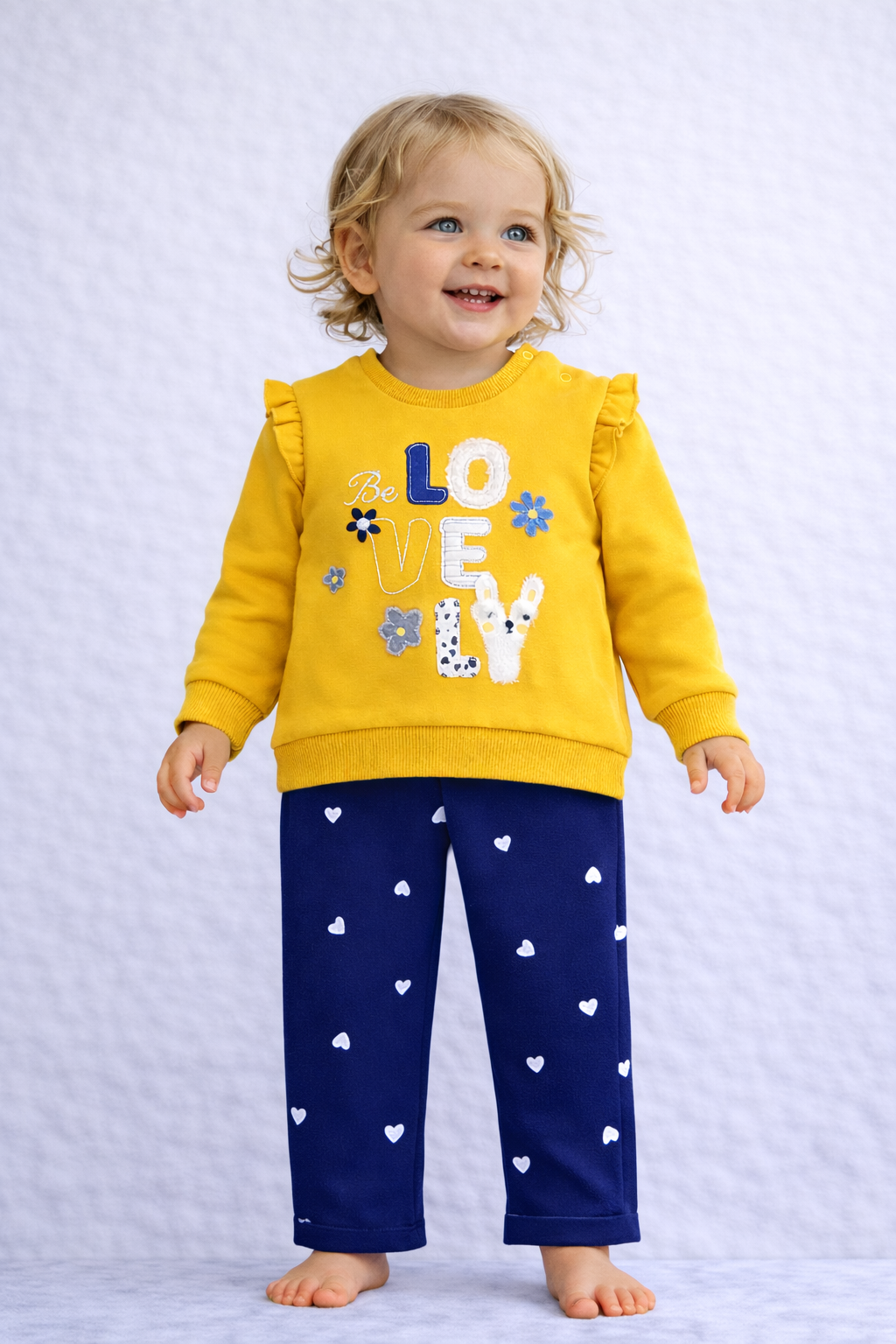 Indigo Girls “Lovely” 2-Piece Outfit – Mustard Sweatshirt & Heart Print Pants